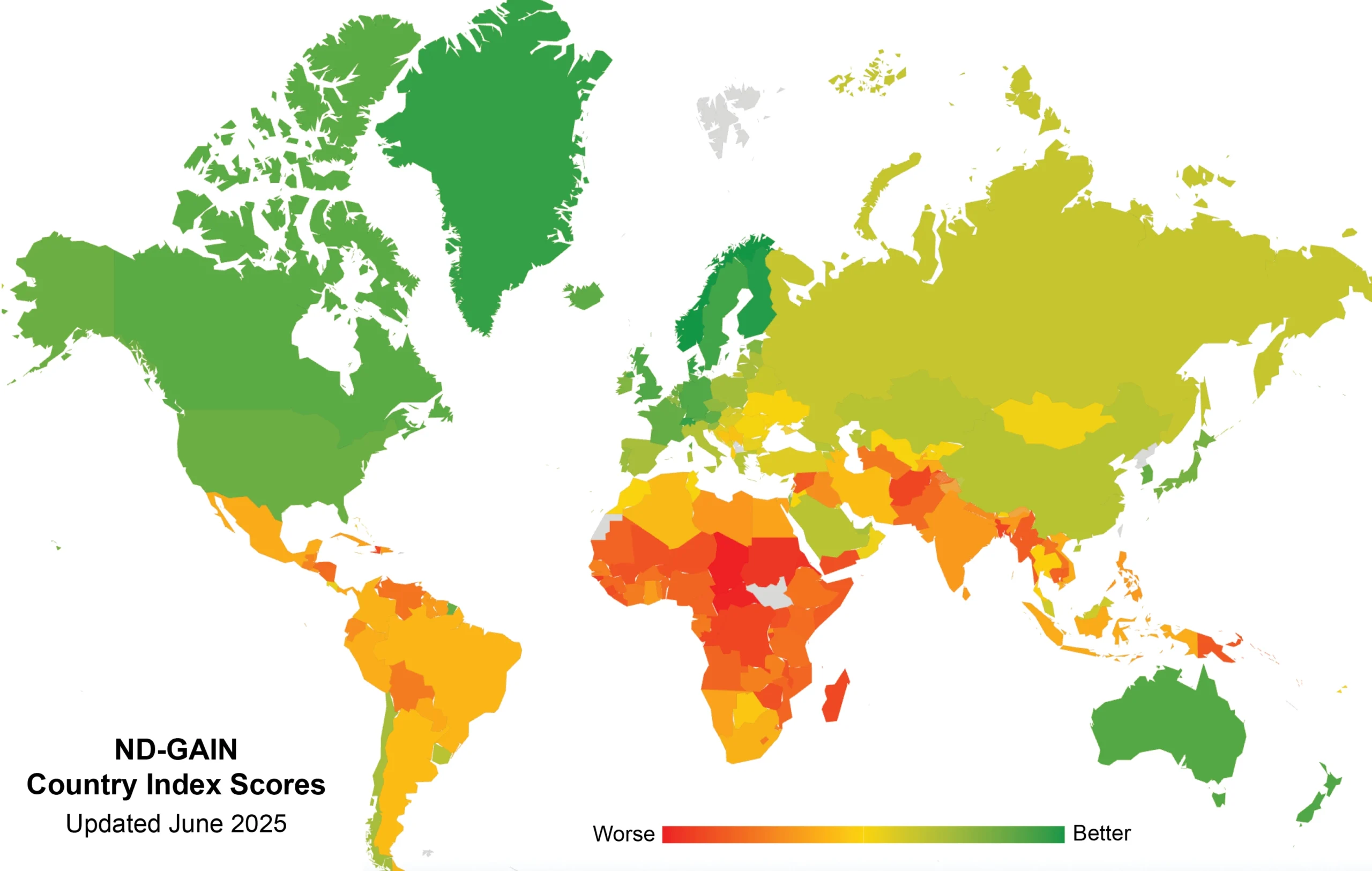 Map showing countries’ vulnerability and readiness to adapt to climate change, according to the ND-GAIN Country Index.